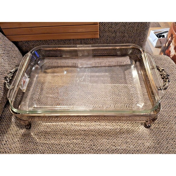 Vtg Anchor Hocking Fire King Glass Casserole Dish with Silver plated Tray 9x13in - Picture 1 of 12